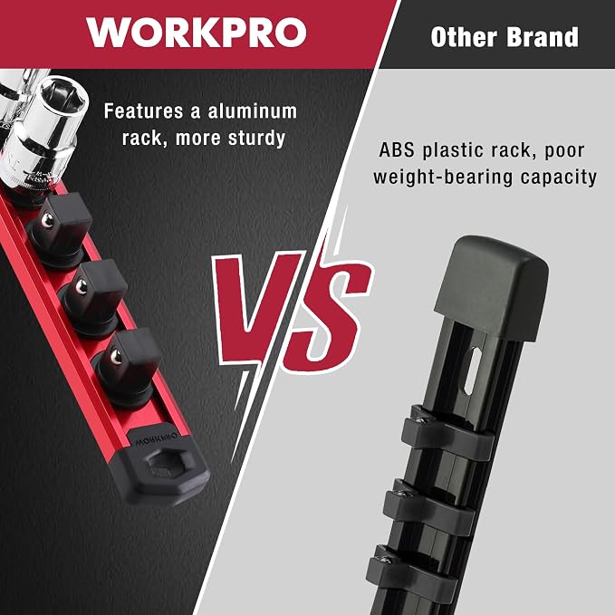WORKPRO Magnetic Socket Organizer Set, 3-Piece 1/4” 3/8” 1/2” Socket Rails | 1/4-Inch x 12 Clips, 3/8-Inch x 10 Clips, 1/2-Inch x 10 Clips, Aluminum Alloy, Rotatable & Movable Clips, Efficient Storage