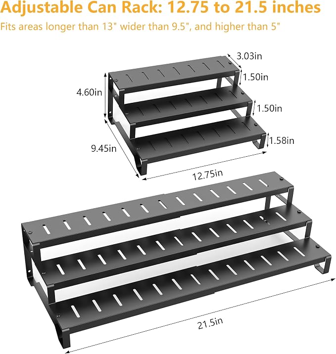 Expandable Can Organizer for Pantry, 3 Tier Metal Canned Food Storage 2Pack | 13"-21" Adjustable Length, Tiered Reversible Shelf Design, Large-Capacity Storage for Kitchen Cabinets & Countertops