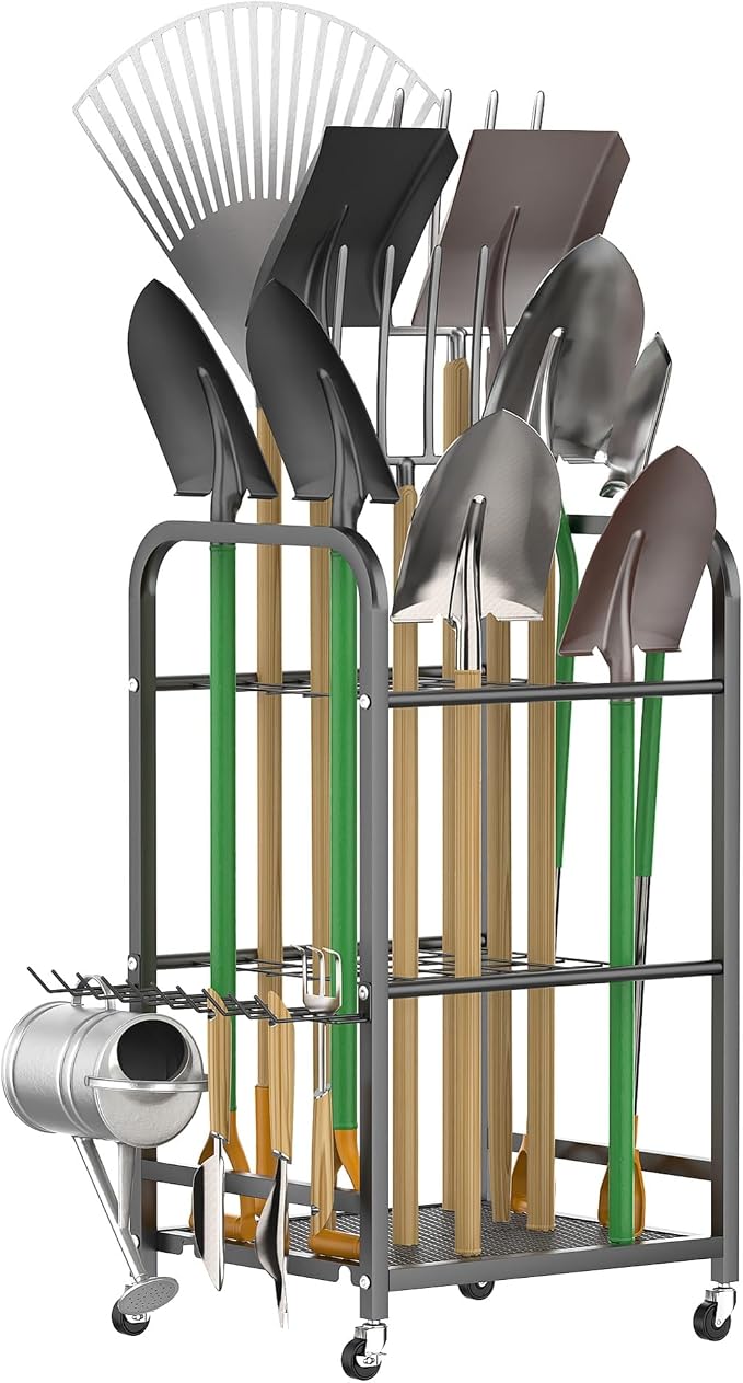 WALMANN Garden Tool Organizer with Wheels for Garage, Rakes/Shovels/Yard Tools Stand for Garden, Shed, Indoor/Outdoor Long-Handled Tools Rolling Cart(Small)