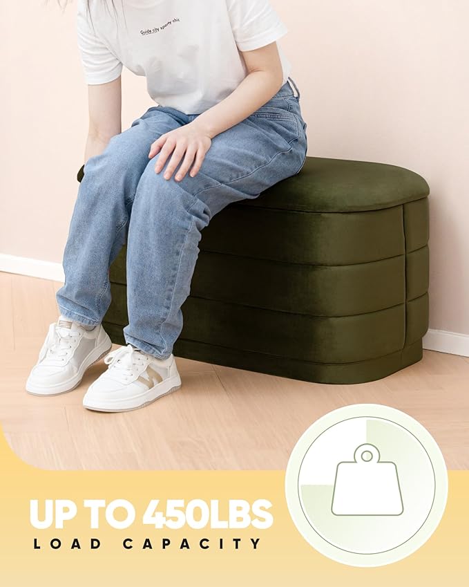 B FSOBEIIALEO Velvet Storage Ottoman with Tray, Folding Ottoman with Storage Coffee Table Shoes Bench for Dorm Room, Living Room Olive, 30"x15"x15"