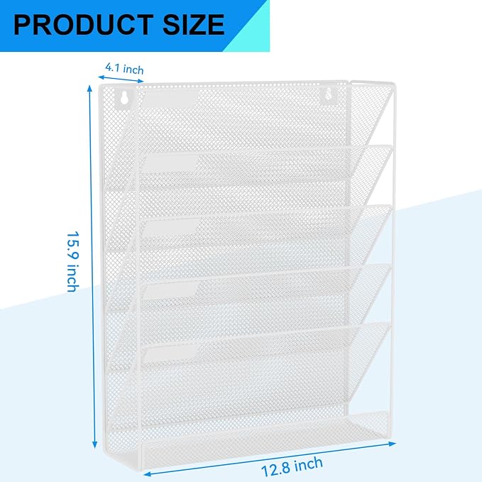 Wall File Organizer Holder Mesh Hanging Paper Document Holder,Vertical 6 Pocket Tier for Office Home, White