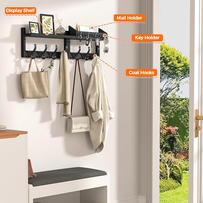 Evermagin 29" Coat Rack Wall Mount with Shelf & 11 Hooks, Entryway, Black | 4-in-1: coat hooks, key hanger, mail holder & display shelf. Pine wood. For bedroom, hallway, mudroom, livingroom