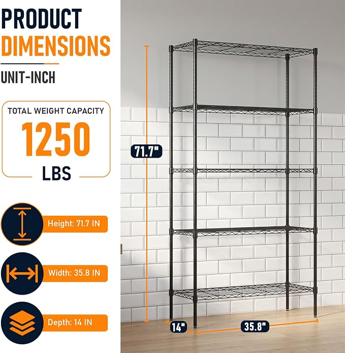 FDW | 5-Tier Wire Shelf | 36" x 14" x 72" | Black | Storage Shelves with Adjustable Racks, Holds upto 1250 lbs | Rust-Resistant, No-Tool Assembly | For Home, Garage