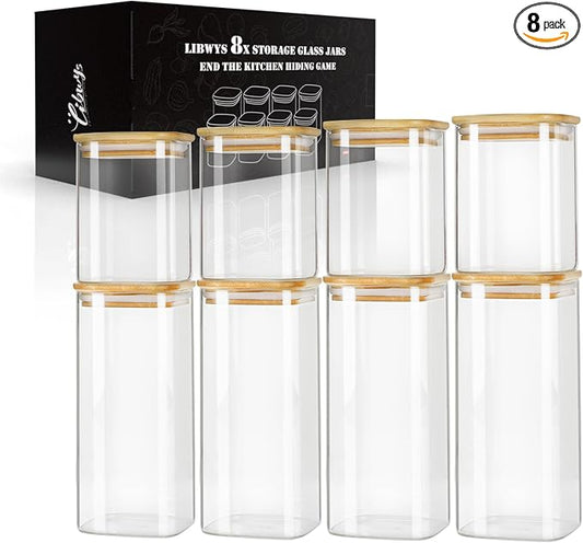LIBWYS 8-Pack Square Glass Storage Jars with Bamboo Lids (0.6Qt/1.06Qt) | Stackable Dry Food Containers for Pantry Organization, Coffee, Flour, Snacks, Tea, Sugar | Kitchen Canisters Set