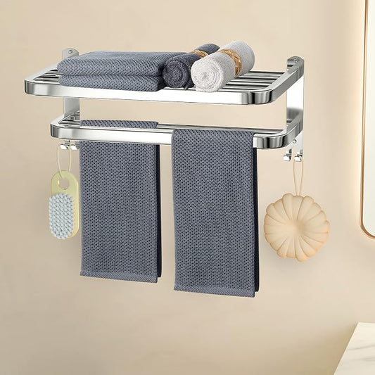15 Inch Bathroom Towel Rack Towel Shelf with Double Towel Bars Lavatory Wall Mount Holder with Hooks Stainless Steel Hotel Bath Rack