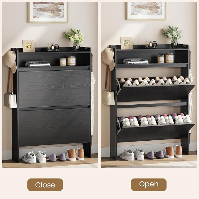Modern Shoe Cabinet with 2 Flip Drawers & Open Storage, 31.5" W Black | Freestanding shoe cabinet with flip drawers ,design and space-saving storage for entryway,foyer & hallway.
