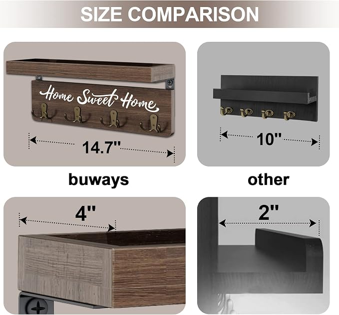 buways Key Holder Wall Mount with 8 Rustic Hooks and Cozy Home Sign（Brown） | Solid Wood,lots of colors, Floating Shelf for Keys, Mail, and Daily Essentials in Entryways, Hallways or Home Decor