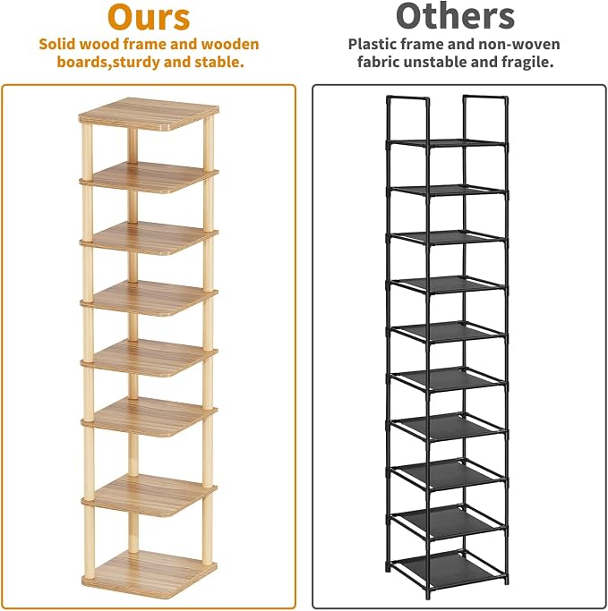 8 Tiers Vertical Shoe Rack, Tall Narrow Shoe Tower Corner Shoe Rack, Walnut | Small Shoe Organizer for Entryway, Closet, Dorm & Small Spaces, Freestanding Wooden Shoe Shelf for Boots, Sneakers, Heels.