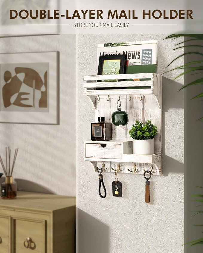 Rebee Vision Key Holder Wall Mount with Drawer for Home Decor, Whitewash | Sturdy Wood, Key Holder for Wall, 6 Rustic Hooks, Floating Shelf, Drawer Organizer, Mail Organizer, Chic Home Decor, Storage