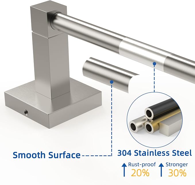 RUACQ Towel Bar, 9" Towel Racks for Bathroom Wall Mounted, Brushed Nickel | Hand Towel Holder, Total Length 10.8 Inch Single Towel Rod, 304 Stainless Steel, Rustproof, Square Base, Heavy Duty, Modern