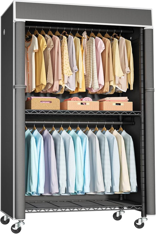 Black Clothing Rack with Dark Gray Cover, P1C Rolling Closets with Wheels, Metal Garment Rack for Hanging Clothes, Clothing Storage Wardrobe, 36.2" W x 16.5" D x 80.5" H, Load 450 Pounds