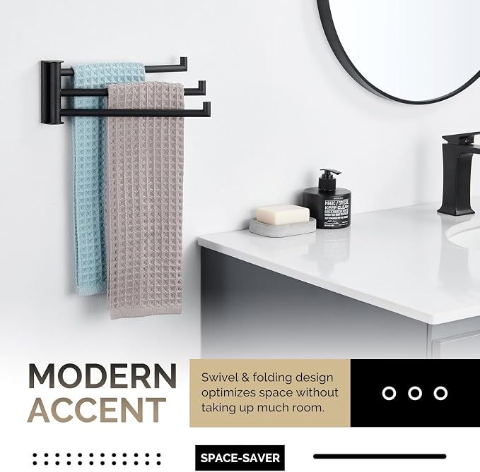 Angle Simple Kitchen Towel Rack, Swivel 3 Bars, Matte Black, 9.84" | SUS304 Stainless Steel Hand Towel Holder for Bathroom Laundry Wall, Foldable Arms Washcloth Hanger, Screws Mounted