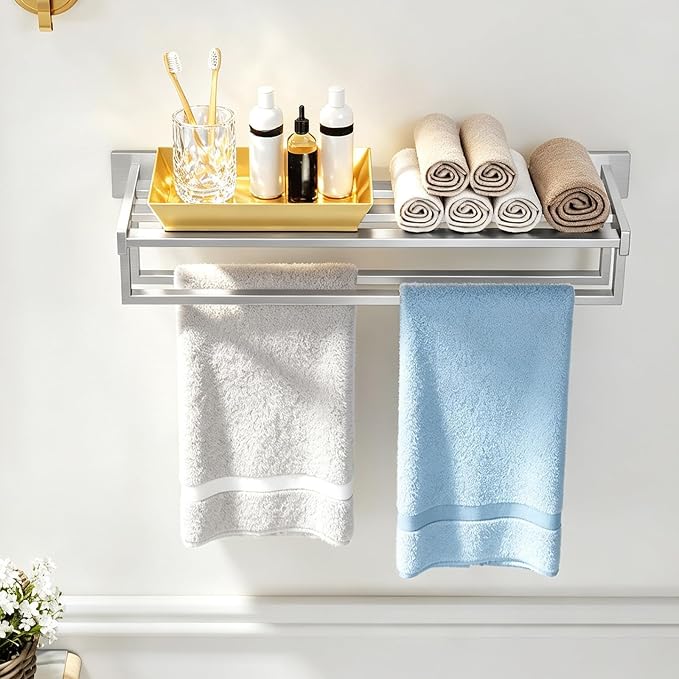 STWWO Double Towel Racks for Bathroom Wall Mounted, 24 Inch, Brushed Nickel | Double Towel Bar with Shelf, Dual Towel Rack with Shelf, Stainless Steel Hand Towel Hanger, Bath Towel Holder for Wall