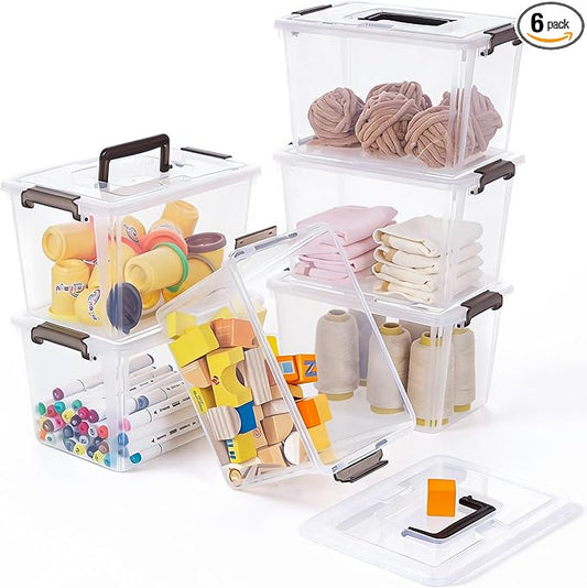 Citylife 6 Packs 6 QT Plastic Storage Bins with Latching Lids Clear Storage Box with handle Stackable Storage Containers for Organizing Snacks, Crafts, Toys, Tools