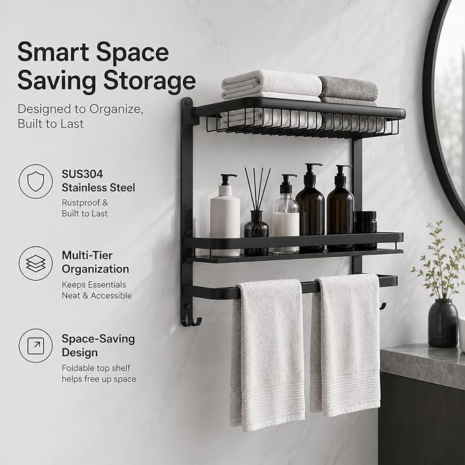 23 Inch Towel Rack for Bathroom with 3 Tier Shelf Double Bar Hook (Black) | 90 Degree Foldable Top Design, Wall Mounted Storage Shelf of 304 Stainless Steel, No Drill or Screw Installation