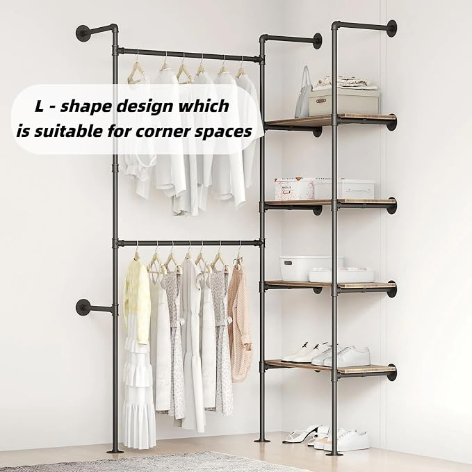 Industrial Pipe Clothing Rack | Hanging Rods Clothes Rack with Shelves, Clothes Rack for Wardrobe, Corner Closet System for Walk in Closets