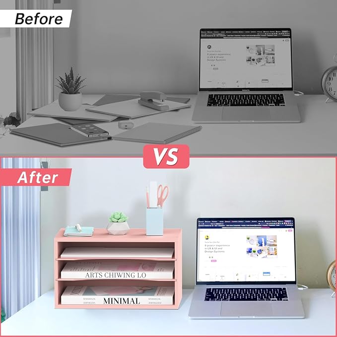 3 Tier Wood Desk Organizer, Mail Sorter and Paper Organizer for Desk, Pink | Wooden Desktop Organizer for Sorting Papers, Letters and Mails, Literature Organizer for Home Office, Classroom Organization