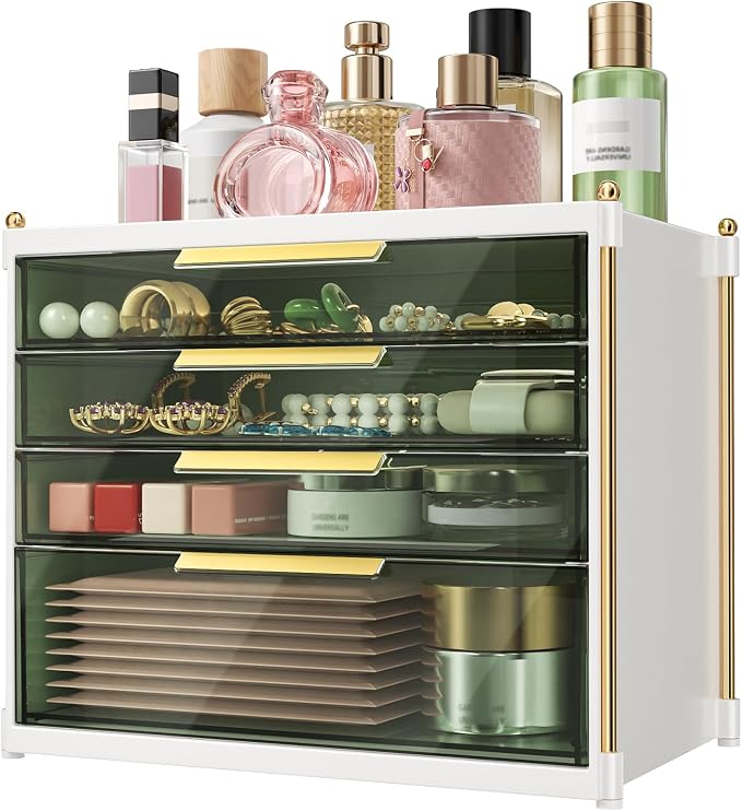 Aveniee 4 Drawers Makeup Organizer- Bathroom Organizers and Storage, Plastic Bins Countertop Perfume Vanity Desk Organization for Cosmetic, Skincare, Face Mask, Jewelry, Green