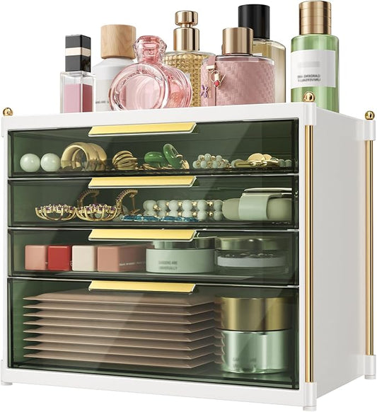 Aveniee 4 Drawers Makeup Organizer- Bathroom Organizers and Storage, Plastic Bins Countertop Perfume Vanity Desk Organization for Cosmetic, Skincare, Face Mask, Jewelry, Green