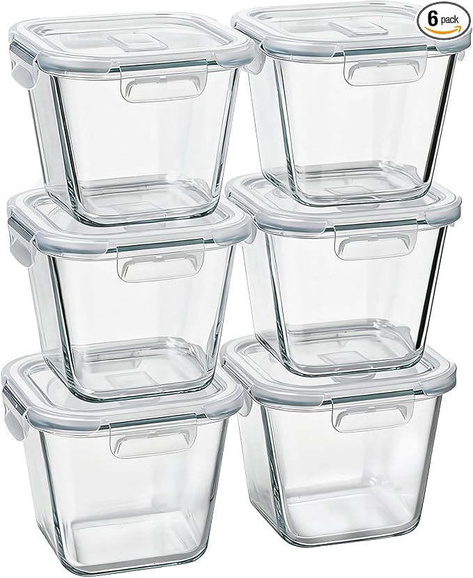 Borosilicate Glass Soup Containers with Lids, 4 Cup/32 oz, 6 Pack | Microwave Dishwasher Oven Freezer Safe | Airtight Leak Proof | Food Grade | Square Soup Meal Prep | Lunch | Food Storage Set