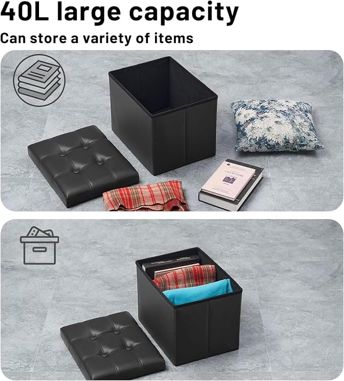 Bsketa Storage Ottoman Bench, 16" Folding Leather Foot Rest, Black 2 Pack | Small Ottoman with Side Pockets, Thicker Foam Padded Seat, Livingroom, Dorm, Bedroom, Easy to install, 38L, 16x12x12in