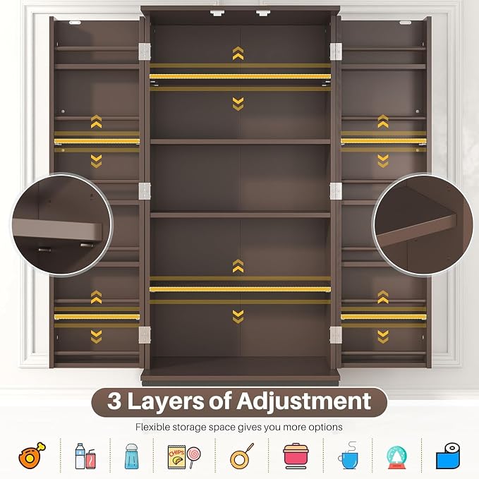 kepptory 51" Pantry Cabinet with Diamond-Patterned Doors and Golden Handles, Freestanding Kitchen Storage Cabinet with 17 Shelves, Tall Metal Base, Adjustable Feet, Grey (Brown, 16"D x 24"W x 51"H)