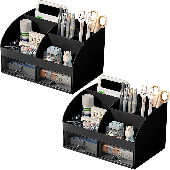 COMFYROOM Desk Organizer with 6 Compartments and 2 Drawers, Plastic Makeup Organizer, Pen Holder for Desktop Storage, Desk Organization for School, Home, Office Supplies Black-2Pack