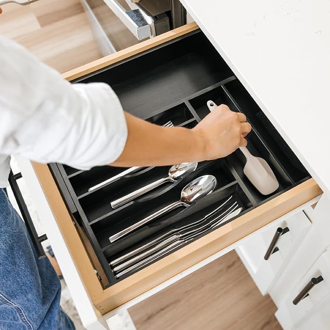 KitchenEdge Silverware & Utensil Drawer Organizer, 10.5-19 in, Black Bamboo | Cutlery, flatware, food-safe contract grade, kitchen drawer fit