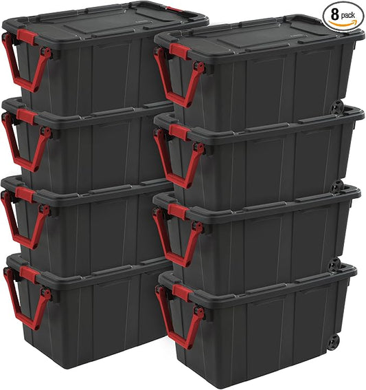 Sterilite Industrial Storage Tote w/Wheels for Garage, 40 Gallon, 8-Pack | Heavy-Duty and Stackable Utility Box Containers for Home, Office, and Basement Organization, Black