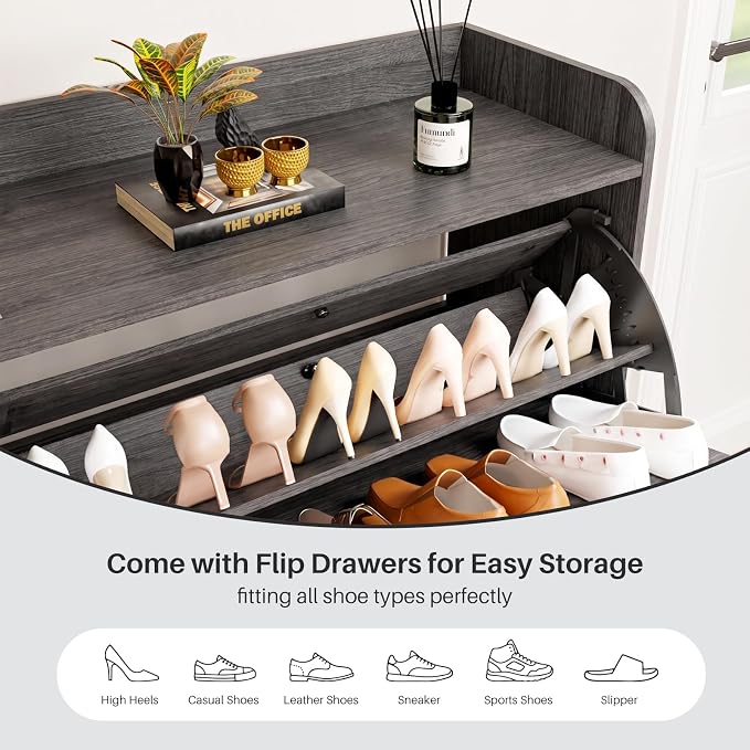 YZ HOME Shoe Storage Cabinet with 2 Flip Drawers | Entryway Shoe Cabinet, Metal Hooks & Adjustable Shelves, Freestanding Narrow Shoe Rack for Hallway Foyer, Grey
