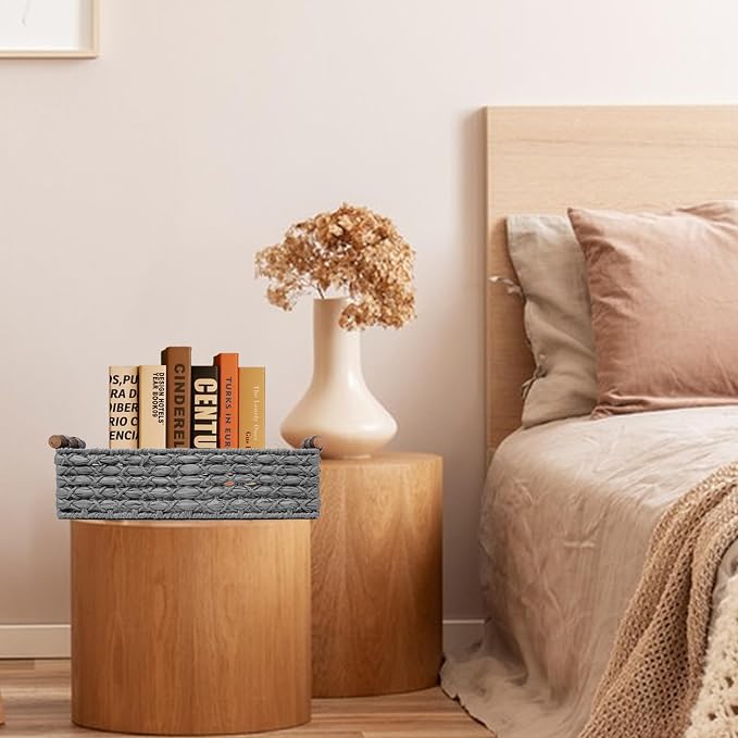 Small Storage Basket Wicker Baskets for Organizing with Handle Decorative Storage Bin for Countertop Toilet Paper Basket for Toilet Tank Top Small Baskets,Light Grey