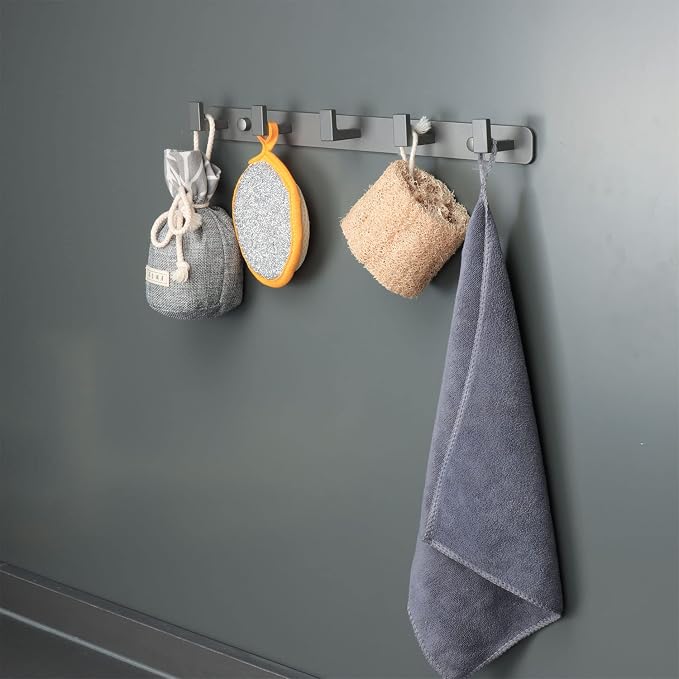 Coat Rack, Heavy Duty Stainless Steel 5 Tri Coat Hook Hanger, Wall Mounted Storage Wall Hooks, Rustic Clothes Hook/Key Hook Rail for Bathroom Kitchen Entryway(5 Hook Grey)