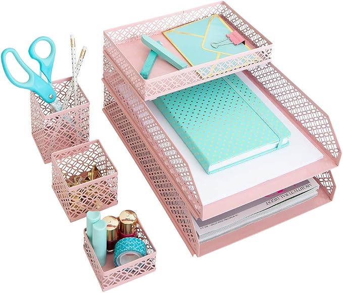 BLU MONACO | Pink Desk Organizer Set for Women 6 Piece | Mail Sorter Organizer Countertop with Letter Trays | Standing File Organizer with Mesh Pen Holders