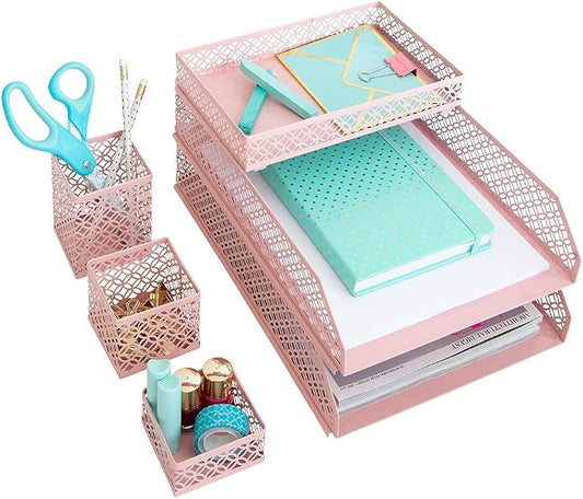 BLU MONACO | Pink Desk Organizer Set for Women 6 Piece | Mail Sorter Organizer Countertop with Letter Trays | Standing File Organizer with Mesh Pen Holders
