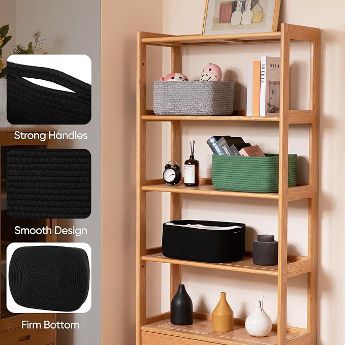 OIAHOMY 4 Pack 14.17 * 11.02 * 6.3IN Storage Baskets for Organizing Shelves, Woven Rope Baskets for Organizing Books, Clothes, Decorative Basket for Living Room, Nursery, Bedroom, Gift Basket, Black