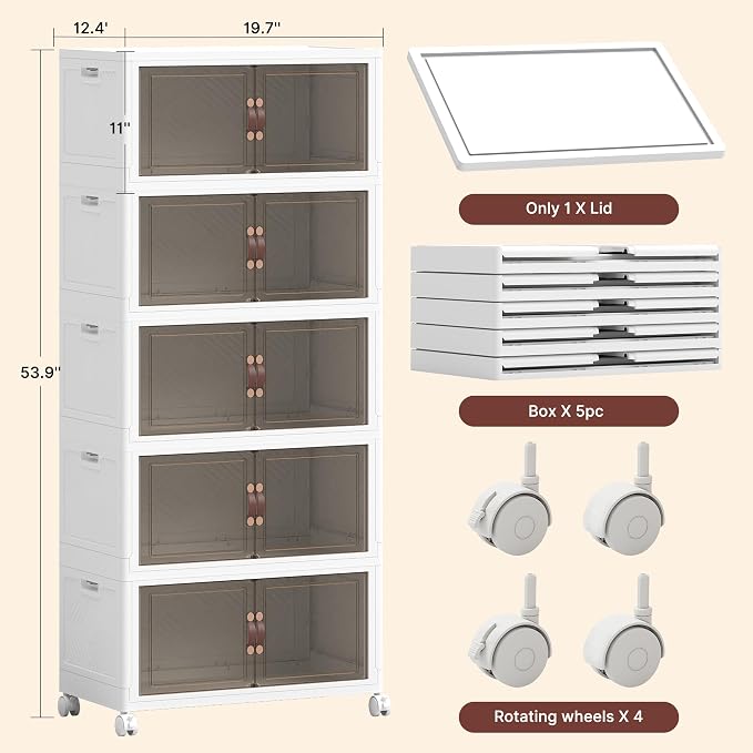 480QT Extra Large Stackable Storage Bins with Lids | & Wheels & Door, 120Gal Foldable Collapsible Closet Organizers, Plastic containers drawers for bedroom Dorm