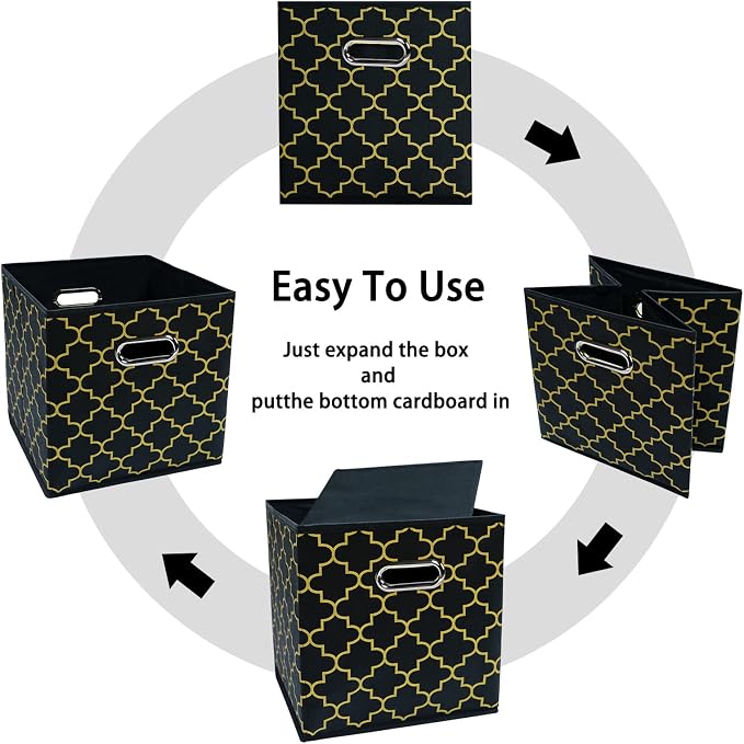Black Foldable Storage Cubes Bins , Fabric Storage Box Cubes Organizer Baskets with Dual Handles for Home Organizer Black Gold