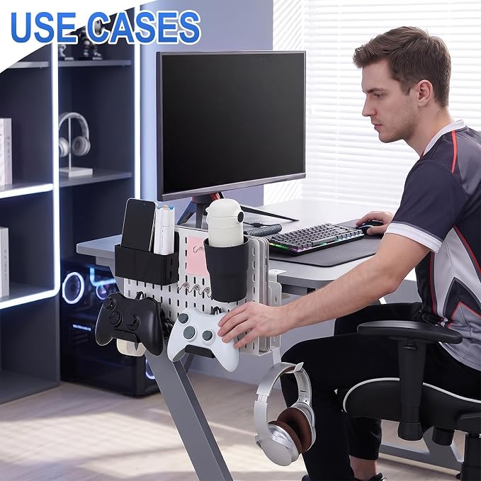 Desk Side Storage Organizer Set No Drill Under Desk Laptop Stand Organizer with Cup Pen Holder Headphone Hanger and Magnet Hook for Office Home Table Fits Edge 0.2" to 2.2"(Double,White)