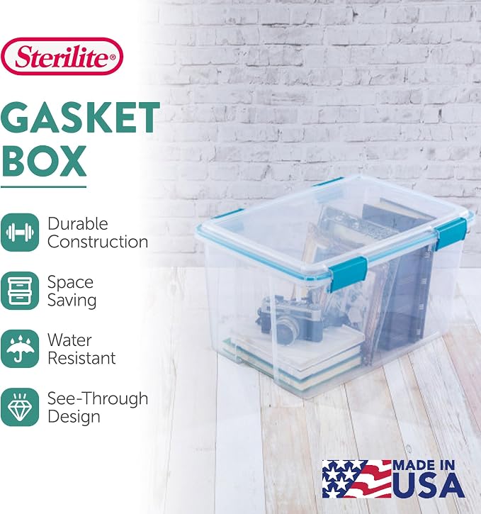 Sterilite Gasket Storage Box with Lids for Home & Office, 54 Quart, 8-Pack | Heavy-Duty, Stackable, and Organizing Containers for Bathroom, Cabinet, Closet, and Garage, Clear and Blue Aquarium Latches