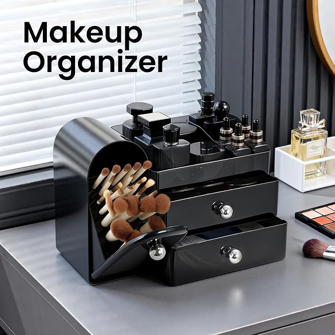 Makeup Organizer,Vanity Organizer with Makeup Brush Holder,Black | Waterproof,Dustproof,Clear Drawer,Large Capacity,Storage Lipstick,Perfumes,Skincare for Dresser,Bathroom Countertop,Desk,Gift