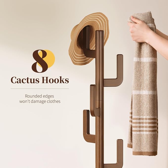 Yoobure Solid Wood Coat Rack - Cactus Coat Tree Freestanding with 8 Hooks, Coat Hanger Stand with 3 Adjustable Sizes for Jacket, Hat, Clothes Stands for Hall, Entryway, Bedroom, Office, Living Room