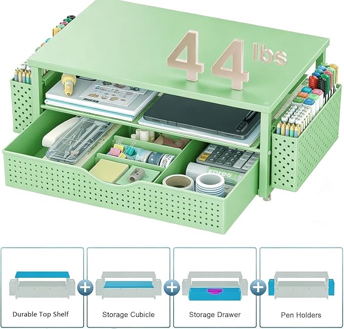 Spacrea Desk Organizer and Accessories, Computer Monitor Stand Riser with Drawer and 2 Pen Holders, Office Desk Accessories & Workspace Organizers for Office Supplies (Sage Green)