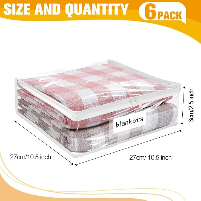 Kikerike Plastic Storage Bags with Easy-Glide Zipper, Pack of 6, Durable Clear Vinyl Zippered Storage Bags for Clothes Sweaters Comforters Blankets Sheets Bedding (10.5 x 10.5 x 2.5 Inch, White)
