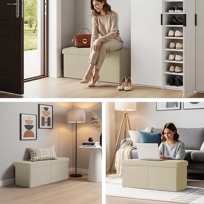 30.5-INCH Storage Ottoman Bench, Footrest with Storage, End of Bed Bench Coffee Table for Living Room, Bedroom, Entryway, Beige