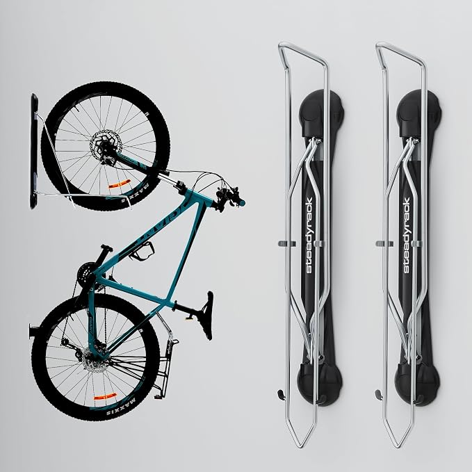 Steadyrack Bike Rack – Pivoting Mountain Bike Rack, Holds Up to 77 lbs, Fits 24"-29" Wheels, 2.1"-2.8" Tires, Foldable Wall Mount for Space-Saving Bicycle Storage - 2 Pack | Fits 24 to 29 in wheels and 2.1 to 2.8 in tires. Roll-in, no lift, holds mount...