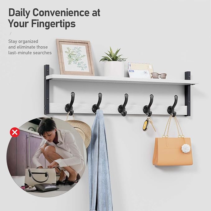 Tatub 29" Coat Rack Wall Mount with Shelf, Entryway Wall Hooks with Shelf, Coat Hangers for Bathroom, Living Room, Bedroom, Rustic White