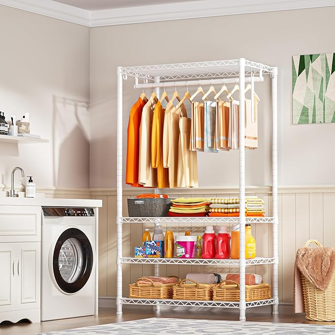 Ulif H4 Portable Closets, 4-Tier Metal Clothes Garment Rack for Bedroom and Cloakroom, Clothing Closet Storage and Organizer Wardrobe, 35.4" W x 14" D x 76.4" H, White | Freestanding Clothing Closet Storage and Organizer Wardrobe for Apartment and Cloa...