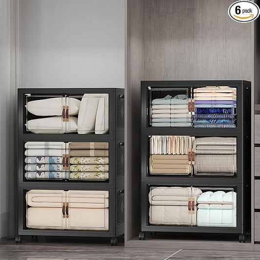 UAMFURI Stackable Storage Bins, 1050QT Collapsible Drawers with 2 Lids | Large Capacity, Magnetic Door, Stack Lock, Rolling Wheels, Foldable Design, Organizers and Storage for Bedroom Dorm Garage