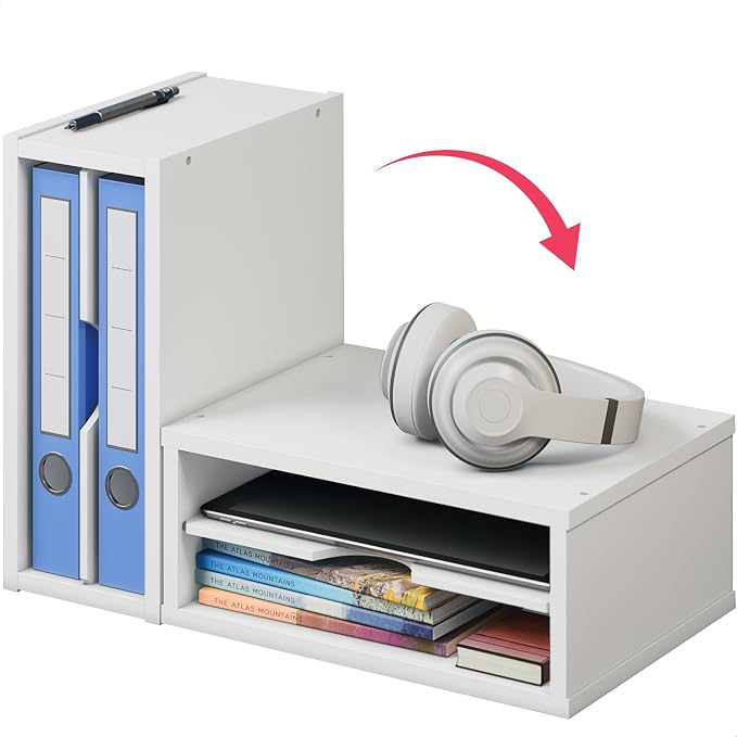 Ballucci File Organizer, 2-Tier Document Paper Sorter, Stackable Wood Desk Organizer Mail Holder, Monitor Stand with Storage Shelves, White