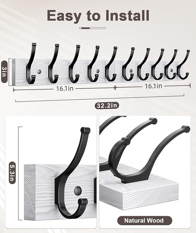 Optish 1 Pack Wooden Coat Rack Wall Mount, 16.1" Rustic Coat Hanger Hooks with 5 Double Hooks, Wall Coat Rack for Hat, Clothes, Bags, Jacket, White
